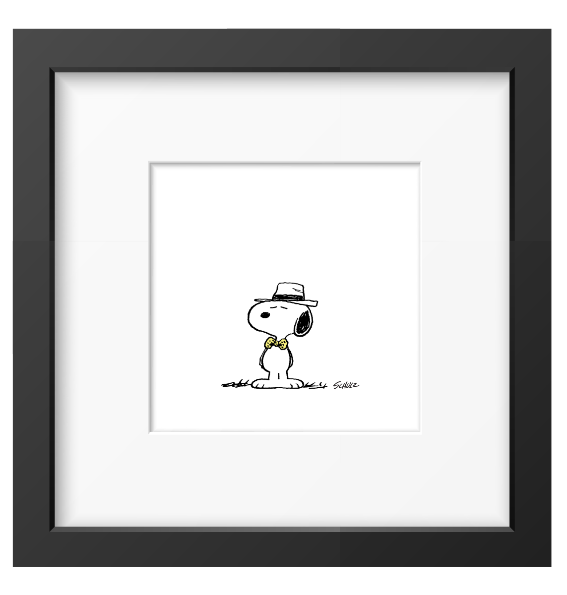 Snoopy met hoed en gele vlinderdas, ingelijste zwart-wit Peanuts print in zwarte lijst