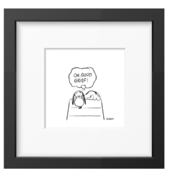 Snoopy ligt over zijn hondenhok met een denkwolk waarin Oh good grief staat, ingelijste zwart-wit Peanuts print