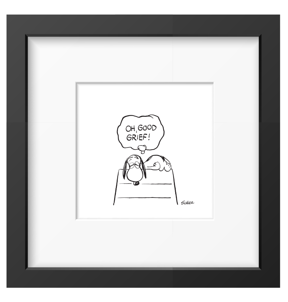 Snoopy ligt over zijn hondenhok met een denkwolk waarin Oh good grief staat, ingelijste zwart-wit Peanuts print