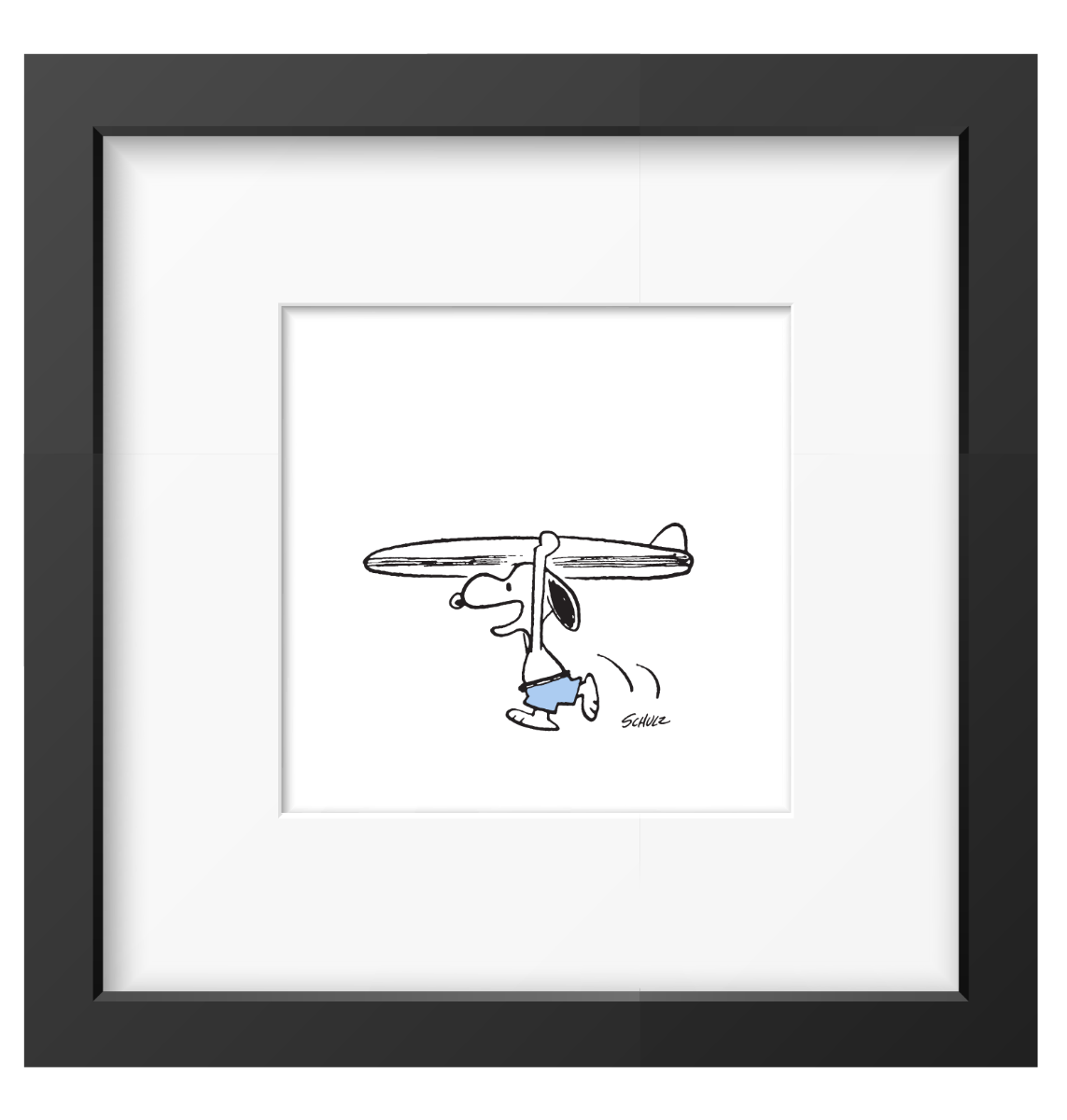 Snoopy draagt een surfplank op zijn hoofd en loopt in een blauwe zwembroek, ingelijste Peanuts print in zwarte lijst